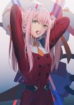  aqua_eyes arms_up bangs breasts candy commentary dangmill darling_in_the_franxx eyebrows_visible_through_hair food hair_between_eyes hairband horns lollipop long_hair long_sleeves looking_at_viewer mecha medium_breasts military military_uniform mouth_hold open_mouth pink_hair red_shirt revision school_uniform shirt solo strelizia teeth uniform upper_body white_hairband zero_two_(darling_in_the_franxx) 