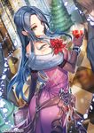  1girl bare_shoulders christmas christmas_tree copyright_name cup dress drinking_glass flower gauntlets gloves green_eyes grey_hair interitio jewelry looking_at_viewer looking_up official_art purple_dress purple_gloves ruby_(stone) sid_story solo_focus wine_glass 