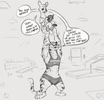  anthro artemis_(nobby) book clothed clothing dialogue duo english_text fangs feline female flat_chested gym hooves inside larger_female lifting looking_up male mammal monochrome musk_deer nobby_(artist) size_difference smaller_male stripes sydney_(nobby) text tiger 