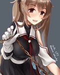  asymmetrical_clothes black_serafuku black_skirt breasts brown_eyes dated gloves grey_background hair_flaps heterochromia kantai_collection large_breasts light_brown_hair long_hair looking_at_viewer minase_(takaoka_nanase) murasame_(kantai_collection) neck_ribbon pleated_skirt red_eyes red_ribbon remodel_(kantai_collection) ribbon school_uniform serafuku skirt solo twitter_username two_side_up white_gloves 