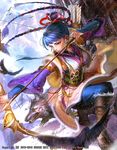  aiming arrow bangs bird blue_hair blunt_bangs boots bow_(weapon) braid breasts brown_footwear day drawing_bow emperors_saga emphasis_lines hair_ribbon highres holding holding_bow_(weapon) holding_weapon japanese_clothes large_breasts left-handed liduke long_hair long_sleeves multiple_braids obi official_art outdoors parted_lips quad_tails reverse_grip ribbon ribbon_braid sash snow squatting watermark weapon wolf yellow_eyes 