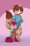  4_fingers anthro blue_eyes blush bottomless brothers brown_fur brown_hair brown_nose chipmunk clothed clothing crying duo eyewear fur glasses green_eyes hair hand_on_head mammal open_mouth pink_fur pink_nose purple_fur rodent sibling simple_background standing tears zorak_(artist) 