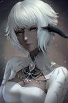  artist_name au_ra breasts chuby_mi cleavage cleavage_cutout closed_mouth dark_skin dragon_horns dress final_fantasy final_fantasy_xiv highres horns lips looking_at_viewer medium_breasts realistic scales short_hair silver_eyes solo upper_body white_dress white_hair 