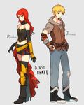  1girl alternate_color belt boots breasts chuu cleavage commentary english hood hoodie jaune_arc navel pyrrha_nikos rwby small_breasts 