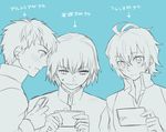  3boys ahoge bangs blue_background blush emiya_shirou eyebrows_visible_through_hair fate/apocrypha fate/extra fate/stay_night fate_(series) holding holding_cellphone kishinami_hakuno_(male) kotobuki_(wk231414) male_focus monochrome multiple_boys school_uniform seifuku shirt short_hair sieg_(fate/apocrypha) smartphone sweatdrop translation_request waistcoat 