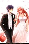  1boy 1girl black_hair breasts fang hand_holding krabby_(artist) kurusu_kimihito large_breasts miia_(monster_musume) monster_musume_no_iru_nichijou patreon patreon_reward patreon_username petals pointy_ears red_hair scales simple_background smile wedding wedding_dress 