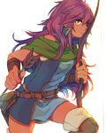  arrow belt blue_dress boots bow_(weapon) bright_pupils closed_mouth commentary_request dress faris_scherwiz final_fantasy final_fantasy_v fingernails green_eyes green_scarf hair_between_eyes holding knee_up long_hair looking_at_viewer nail_polish purple_nails scarf short_dress simple_background sleeveless solo sunagimo_(nagimo) thigh_boots thighhighs weapon white_background 