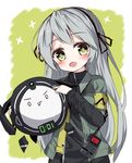  :d bangs black_hairband black_ribbon black_shirt blush commentary eyebrows_visible_through_hair girls_frontline green_eyes green_jacket grey_hair hair_ribbon hairband head_tilt highres holding jacket long_hair long_sleeves looking_at_viewer open_clothes open_jacket open_mouth pointing ribbon shirt short_over_long_sleeves short_sleeves smile solo star star-shaped_pupils symbol-shaped_pupils tandohark ump40_(girls_frontline) very_long_hair walkie-talkie 