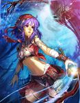  armor bandana belt blue_background contrapposto cowboy_shot crop_top cropped_jacket earrings emperors_saga fingernails highres holding hoop_earrings jacket jewelry liduke lips official_art open_clothes open_jacket parted_lips pouch purple_hair red_eyes red_jacket red_skirt scale_armor short_hair skirt solo standing thighhighs watermark wristband 