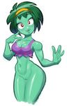  1girl absurdres bottomless breasts cleavage green_hair green_skin highres hips juicyradish navel pussy red_eyes rottytops shantae_(series) short_hair solo tank_top undead v wide_hips zombie_girl 