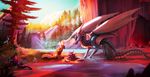  2018 ambiguous_gender canine day detailed_background digital_media_(artwork) digital_painting_(artwork) dragon feral fish fur group horn mammal marine membranous_wings neytirix orange_fur outside scales sitting wings wolf 