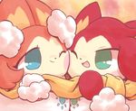  2017 anthro blue_eyes clothed clothing cocotama duo fur heaton_(cocotama) himitsu_no_cocotama multicolored_fur nettsuu one_eye_closed open_mouth orange_fur pokarin_(cocotama) red_fur scarf smile 