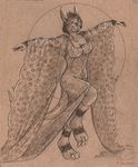  2017 breasts claws cleavage clothed clothing fangs feline female hair mammal monochrome on_one_leg raised_arm saber-toothed_cat sepia sheer_clothing short_hair simple_background sketch smile solo standing toe_claws translucent transparent_clothing zannah 