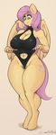  2018 anthro anthrofied big_breasts breasts clothing cutie_mark doggomeatball equine female fluttershy_(mlp) friendship_is_magic hair huge_breasts long_hair mammal my_little_pony navel nipple_bulge one-piece_swimsuit pegasus pussy pussy_floss simple_background solo swimsuit thick_thighs voluptuous wide_hips wings 