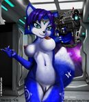  2018 anthro areola big_breasts blue_eyes blue_fur blue_hair breasts canine claws digital_drawing_(artwork) digital_media_(artwork) dipstick_tail female female_focus fox fur gun hair handgun hi_res holding_object holding_weapon huge_breasts jewelry krystal looking_at_viewer mammal multicolored_tail navel nintendo nipples nude pink_nipples plump_labia portrait pussy ranged_weapon smile solo star_fox thick_thighs v-tal video_games weapon white_fur wide_hips 