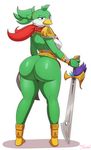  2018 absurd_res anthro avian avian_(starbound) beak big_breasts big_butt bird bottomless breasts bubble_butt butt clothed clothing digital_drawing_(artwork) digital_media_(artwork) feathers female female_focus hair hi_res holding_object holding_weapon huge_butt looking_at_viewer looking_back melee_weapon miso_souperstar simple_background solo standing starbound sword thick_thighs video_games weapon wide_hips 