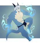  anthro beard big_muscles blue_skin bulge clothed clothing dragon facial_hair jockstrap kokuhane magic male muscular muscular_male scalie simple_background solo topless underwear 