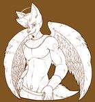 anthro canine clothed clothing commission-mission looking_at_viewer male mammal penis pubes smile solo topless wide_hips wings 