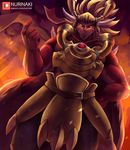  anthro armor athletic beckoning biceps blonde_hair cape claws clothing digital_media_(artwork) dragon drum_(buddyfight) drum_bunker_dragon fangs future_card_buddyfight hair helmet horn long_hair looking_at_viewer male manly muscular muscular_male nurinaki orange_scales pose red_scales reptile scales scalie scarf smile smirk solo teeth yellow_eyes 