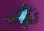  2016 3_fingers 3_toes anthro belly bulge claws digital_drawing_(artwork) digital_media_(artwork) goo_transformation gradient_background horn hypnosis liquid_latex long_tail male mega_charizard mega_charizard_x mega_evolution membranous_wings mind_control nintendo nude open_mouth pok&eacute;mon pok&eacute;mon_(species) purple_background rubber scalie shiny simple_background sitting slightly_chubby solo spiral spiral_eyes thedecisivepanda_(artist) toe_claws toes tongue tongue_out tonugue transformation video_games wings 