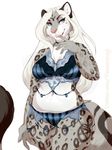  2018 5_fingers anthro blue_eyes breasts clothed clothing digital_drawing_(artwork) digital_media_(artwork) feline female hair leopard lingerie mammal midriff navel pink_nose simple_background skimpy slightly_chubby smile snow_leopard solo vexstacy white_background white_hair 