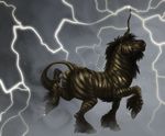  ambiguous_gender black_hair black_stripes blackpassion777 detailed_background equine feathering feral fur hair hi_res hooves horn lightning mammal outside prancing side_view solo standing storm storm_elemental stripes tail_tuft tuft unicorn white_fur zebra 