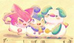  2017 anthro blue_eyes blue_fur blush clothed clothing cocotama eyelashes featureless_limbs fur green_eyes green_fur group himitsu_no_cocotama mukitetsu_(cocotama) multicolored_fur one_eye_closed open_mouth panties pink_eyes pink_fur signature simple_background tan_background tokumaru_(cocotama) tongue two_tone_fur underwear yurano_(cocotama) zeru_(ma) 