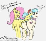  2018 animal_genitalia animal_pussy buttplug choker coco_pommel_(mlp) collar cutie_mark dark_genitals dialogue duo ear_piercing earth_pony english_text equine equine_pussy female female/female feral fluttershy_(mlp) friendship_is_magic fur hair horse looking_at_viewer looking_back mammal marukomuru multicolored_hair my_little_pony open_mouth pegasus piercing pink_hair pony pussy rear_view sex_toy simple_background sketch text two_tone_hair until_the_choker_breaks wings yellow_fur 