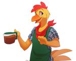  2013 5_fingers anthro apron avian aycee barista beak beverage bird chicken clothed clothing coffee digital_drawing_(artwork) digital_media_(artwork) feathers flir gus_(flir) liquid male neckerchief open_mouth simple_background smile solo white_background yellow_feathers 