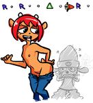  ? aliasing canine caprine clothed clothing dog female fur hair jeans lammy_lamb mammal nipples orange_fur pants parappa parappa_the_rapper red_hair sheep simple_background tongue tongue_out topless um_jammer_lammy video_games white_background 