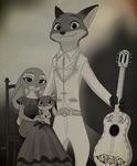  2017 canine clothing coco_(pixar) cub day_of_the_dead dipstick_ears disney dress ears_down fan_character female fox greyscale guitar hector_rivera holding_object hybrid imelda_rivera judy_hopps lagomorph looking_at_viewer mama_coco mammal monochrome musical_instrument nick_wilde photo rabbit sitting size_difference skeletonguys-and-ragdolls standing violet_(zootopia) young zootopia 