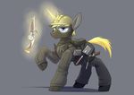  blonde_hair blue_eyes clothed clothing digital_media_(artwork) equine feral gun hair hi_res horn magic male mammal my_little_pony ranged_weapon simple_background underpable unicorn weapon 