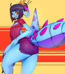  big_tail blue_skin butt butt_pose chinese chinese_clothing chinese_dress cleavage_cutout clothing cteno dress eyewear female flat_chested glasses hair hi_res humanoid monster monster_girl_(genre) multi_arm multi_limb pink_eyes simple_background slugbox solo sweat thick_tail thick_thighs yellow_sclera 