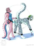  2017 alligator anthro anthro_on_anthro ball_gag bdsm bent_over bondage bound breasts claws collar colored_sketch crocodilian dildo domination duo feline female female/female female_domination fur gag green_eyes green_hair hair hanging_breasts interspecies leopard looking_back mammal navel nipples non-mammal_breasts raised_tail reptile restrained scalie sex_toy short_hair simple_background snow_leopard spots spotted_fur spreader_bar standing strapon toe_claws zannah 
