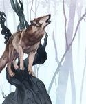  ambiguous_gender blackpassion777 branch breath brown_fur canine claws countershading dead_tree detailed_background fangs feral forest fur hi_res howl mammal nature on_branch outside runes solo standing tan_countershading tan_fur tree wolf 