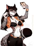  5_fingers anthro black_hair breasts clothed clothing digital_media_(artwork) feline female fur grey_eyes hair holding_object leopard mammal midriff navel pink_nose simple_background solo spots spotted_fur vexstacy white_background 