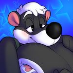  &lt;3 2015 abstract_background animate_inanimate anthro black_nose blue_background blush clothed clothing cubi digital_drawing_(artwork) digital_media_(artwork) firr half-closed_eyes living_plush male mammal plushie simple_background skunk smile solo star white_background 