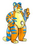  4_fingers animate_inanimate anthro belly blue_nose clothing cubi digital_drawing_(artwork) digital_media_(artwork) featureless_crotch feline flir flir_(tiger) inflatable living_inflatable male mammal nozzle nude pool_toy rubber shiny shorts simple_background solo standing striped_tail stripes tiger white_background 