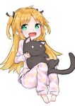  :3 :d animal animal_print bangs barefoot black_ribbon blonde_hair blush cat cat_print charlotte_izoard closed_mouth commentary_request eyebrows_visible_through_hair full_body green_eyes hair_ribbon hashiko_nowoto holding holding_animal long_hair long_sleeves looking_at_viewer o_o open_mouth pajamas pants pink_pajamas pink_pants pink_shirt print_pajamas print_pants print_shirt ribbon ryuuou_no_oshigoto! shirt sitting smile solo tears two_side_up very_long_hair white_background 