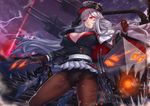  ass_visible_through_thighs azur_lane black_gloves black_legwear breasts cannon cleavage cloud eba_uenihane embers gloves glowing glowing_eyes graf_zeppelin_(azur_lane) hat iron_cross large_breasts long_hair military military_uniform miniskirt panties panties_under_pantyhose pantyhose parted_lips peaked_cap pleated_skirt red_eyes sash silver_hair skirt sky smoke solo underwear uniform white_skirt wind wind_lift 