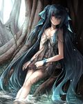 :o bangs blue_hair eyebrows_visible_through_hair fantasy feet_out_of_frame grass hair_between_eyes hair_ribbon head_tilt highres long_hair looking_at_viewer parted_lips red_eyes ribbon shaded_face sidelocks sitting soaking_feet solo strap_slip torn_clothes tree twintails usuki_(graygreed) very_long_hair water 
