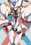  areola_slip areolae blush breasts center_opening closed_mouth commentary_request darling_in_the_franxx embarrassed f.w.zholic highres humanization humanoid_robot looking_at_viewer mecha medium_breasts navel orange_eyes signature solo standing strelizia tearing_up wavy_mouth 