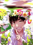  20day_cc air_bubble black_hair brown_eyes bubble cellphone flower grin head_wreath index_finger_raised male_focus phichit_chulanont phone smartphone smile underwater upper_body yuri!!!_on_ice 