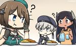  :&gt; ? apron beret black_eyes black_gloves black_hair blue_eyes blush breast_envy breast_rest breasts brown_hair commentary cup curry dated drinking_glass eating food gloves grey_eyes hair_ornament hamu_koutarou hat highres i-400_(kantai_collection) kantai_collection large_breasts long_hair maya_(kantai_collection) multiple_girls pitcher remodel_(kantai_collection) sailor_collar short_hair silver_hair spoon tan x_hair_ornament z1_leberecht_maass_(kantai_collection) 