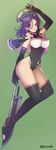 adapted_costume ass bare_shoulders black_gloves black_legwear blush boots breasts capelet commentary_request elbow_gloves glaive gloves gradient gradient_background green_background hair_between_eyes high_heels highres kantai_collection large_breasts legs leotard long_legs looking_at_viewer mechanical_halo medium_hair open_mouth purple_eyes purple_hair remodel_(kantai_collection) sleeveless smile solo takeda_aranobu tatsuta_(kantai_collection) thigh_boots thighhighs thighs twitter_username 