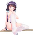  babu bangs blend_s blunt_bangs blush breasts brown_hair clenched_hand collarbone convenient_leg feet head_scarf head_tilt long_hair looking_at_viewer low_twintails medium_breasts nipples no_shoes nude parted_lips purple_eyes sakuranomiya_maika see-through simple_background single_stripe sitting soles solo sweatdrop table thighhighs twintails very_long_hair waitress white_background white_legwear 