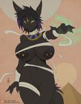  2017 anthro anubian_jackal areola bandage big_breasts black_nose breasts canine ear_piercing female green_eyes hair hi_res huge_breasts jackal looking_at_viewer magic mammal mostly_nude multicolored_hair navel nipple_piercing nipples patreon piercing short_hair solo two_tone_hair xpray 