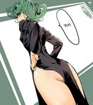 1girl absurdres ass black_dress breasts dress green_eyes green_hair hands_on_hips highres hips long_sleeves looking_back no_panties one-punch_man pelvic_curtain sgb short_hair small_breasts solo speech_bubble standing tatsumaki text thighs wide_hips 