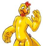  2014 5_fingers animate_inanimate anthro avian beak bird bulge chicken cubi digital_drawing_(artwork) digital_media_(artwork) flir gus_(flir) inflatable living_inflatable male nozzle nude open_mouth pool_toy rubber shiny simple_background solo white_background 