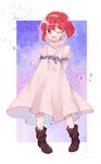  blush boots dress fire_emblem fire_emblem:_monshou_no_nazo hairband highres jewelry maria_(fire_emblem) necklace one_eye_closed open_mouth red_eyes red_hair sisuko1016 solo white_dress 